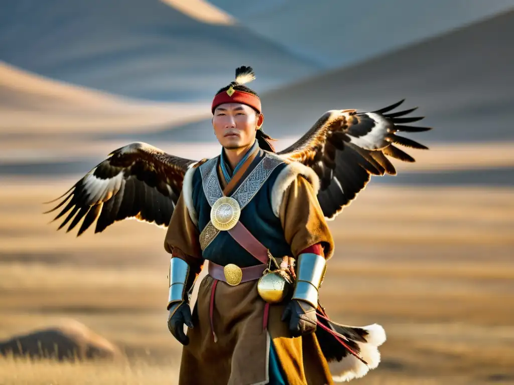 Arte cetrería Mongolia tradición: Imagen impactante de un halconero mongol con un águila real en la estepa