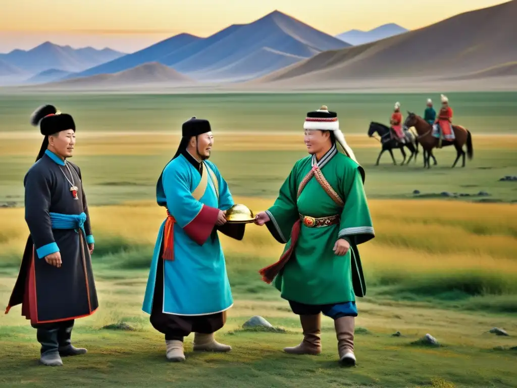 Arte que retrata la diplomacia entre mongoles y rusos en la vasta estepa, destacando la complejidad de las relaciones mongol-rusas