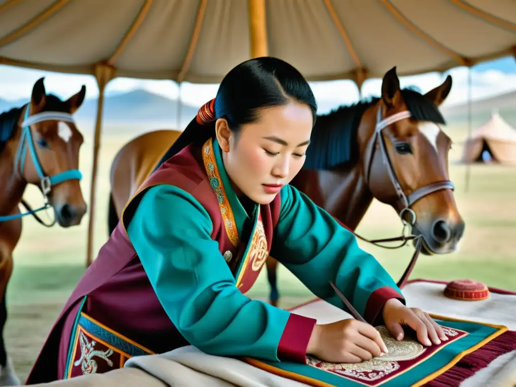 Arte ecuestre: artesanos mongolas creando prendas tradicionales con detalles exquisitos, inmersos en su oficio