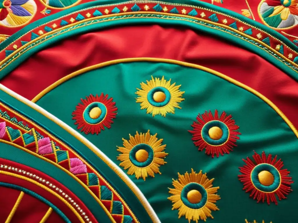 Arte femenino en el Imperio Mongol: Detalle de un textil tradicional mongol bordado con patrones florales y geométricos en tonos tierra vibrantes
