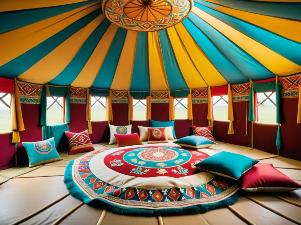 Arte femenino en el Imperio Mongol: Mujeres creando arte y textiles en una yurta tradicional, iluminadas por luz natural cálida