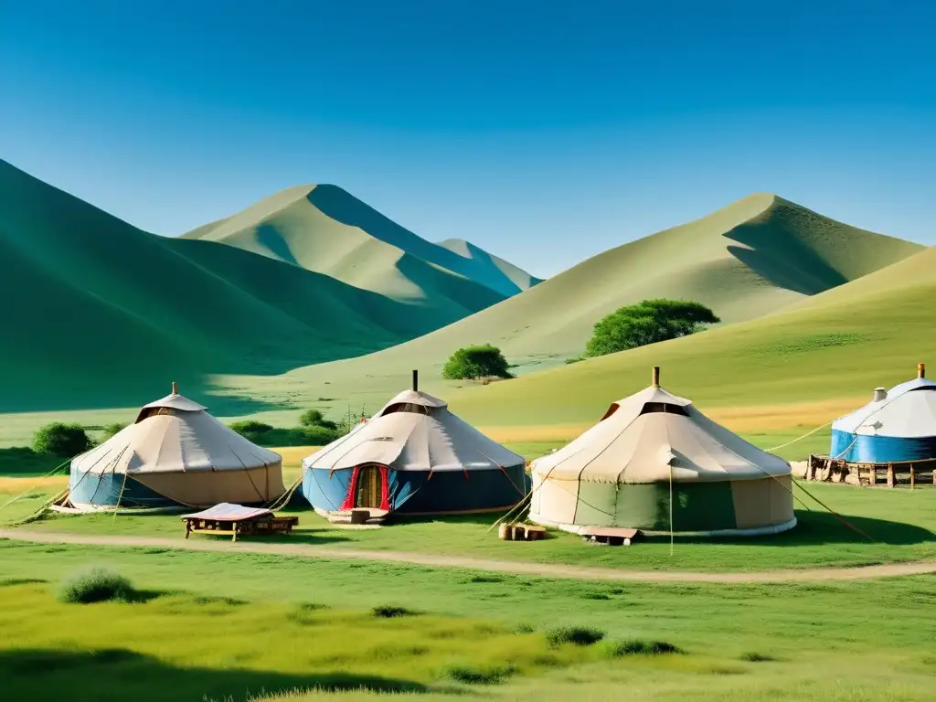 Arte inspirado Imperio Mongol: campamento de yurtas mongolas en la pradera con caballos y cielo azul