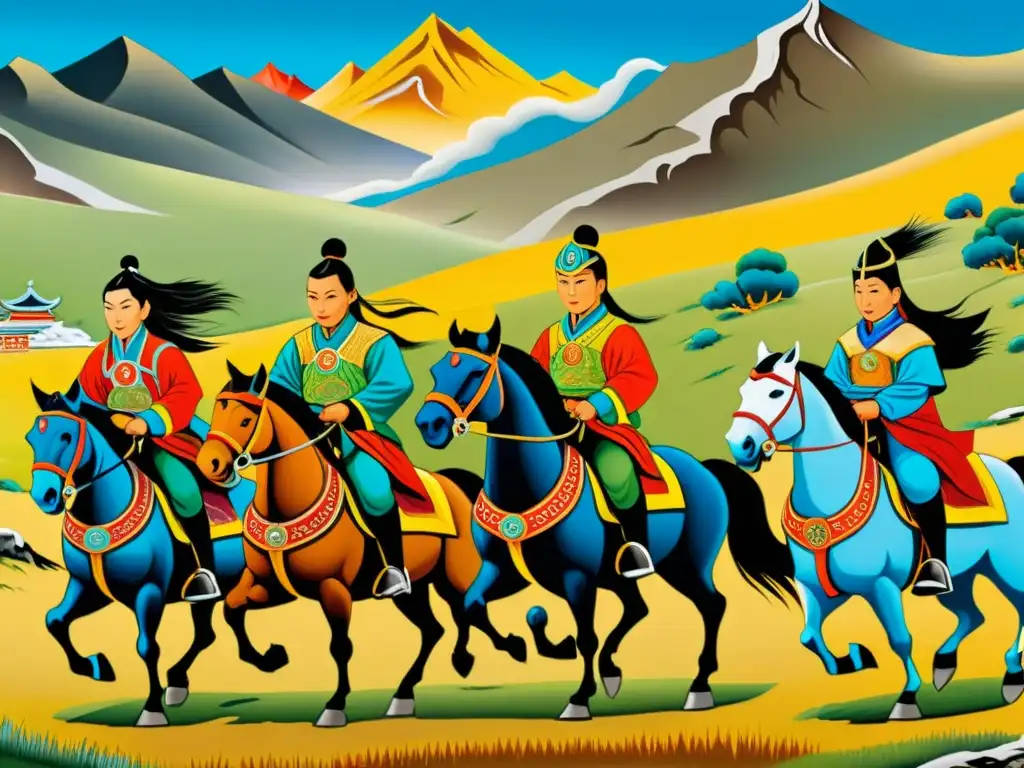 Arte mongol de héroes a caballo en la estepa, colores vibrantes y paisaje épico