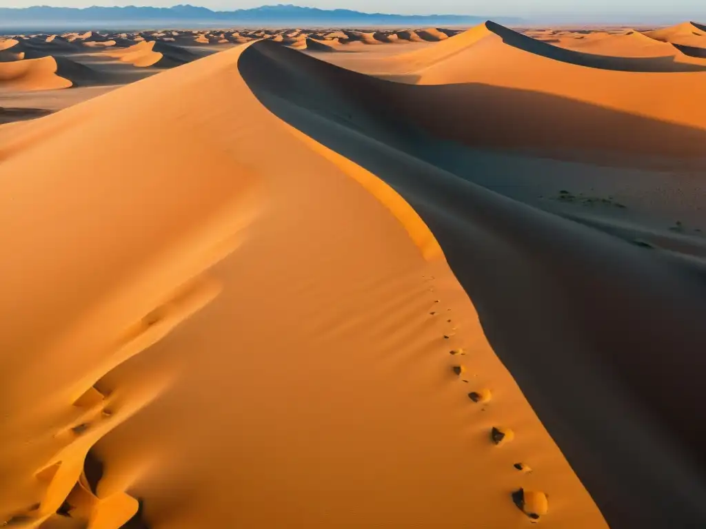 Arte mongol inspirado en naturaleza: Amanecer en el vasto desierto de Gobi, con dunas de arena y cielo naranja y dorado