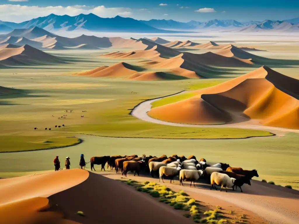 Arte Mongol inspirado en naturaleza: Pintura contemporánea de la vasta y árida belleza del Desierto de Gobi, con detalles ricos y tonos terrosos