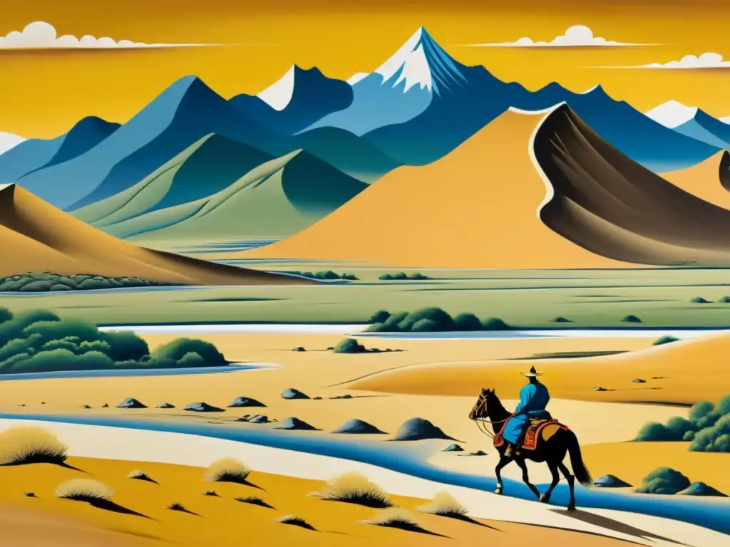 Arte Mongol inspirado en naturaleza: pintura detallada de la estepa del desierto de Gobi y un pastor a caballo en primer plano