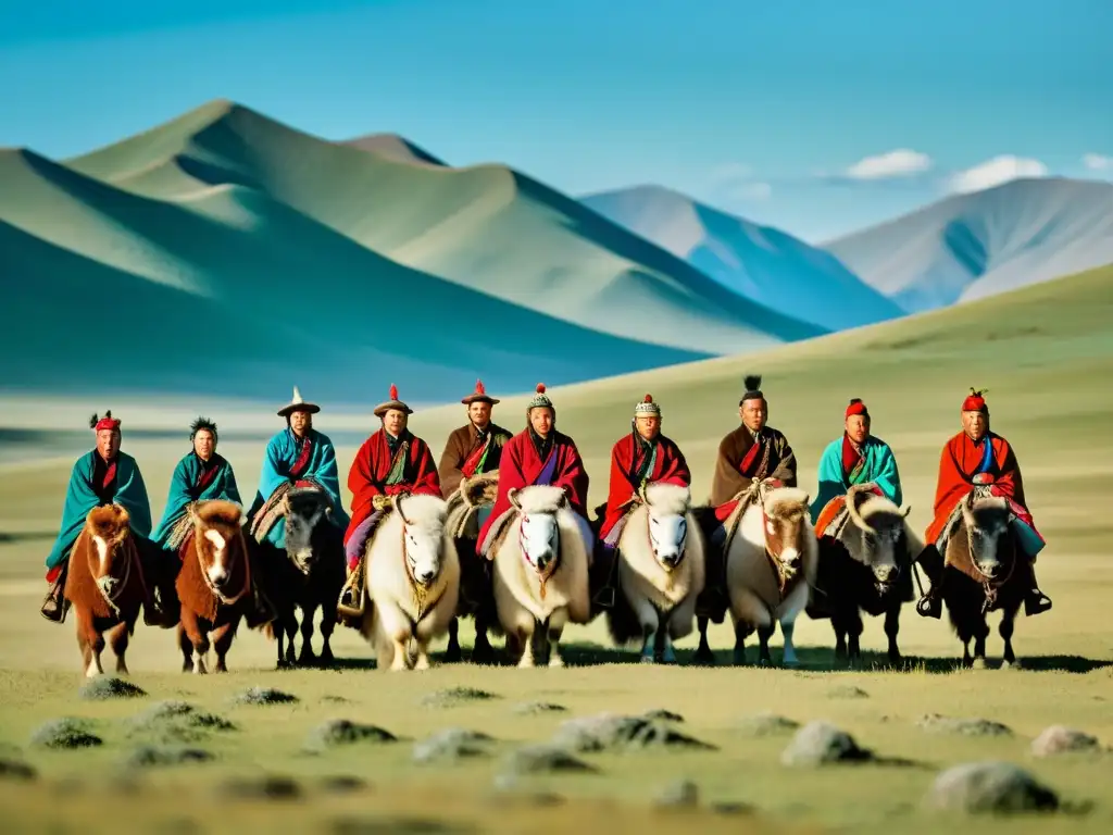 Arte y música nómada Mongolia: Grupo de nómadas mongoles a caballo, con yaks, en la vasta estepa, evocando historia y tradición