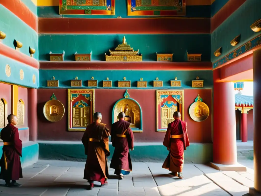 Arte religioso en el Imperio Mongol: Monasterio Erdene Zuu con detalles intrincados, iconos vibrantes y monjes en un patio sereno