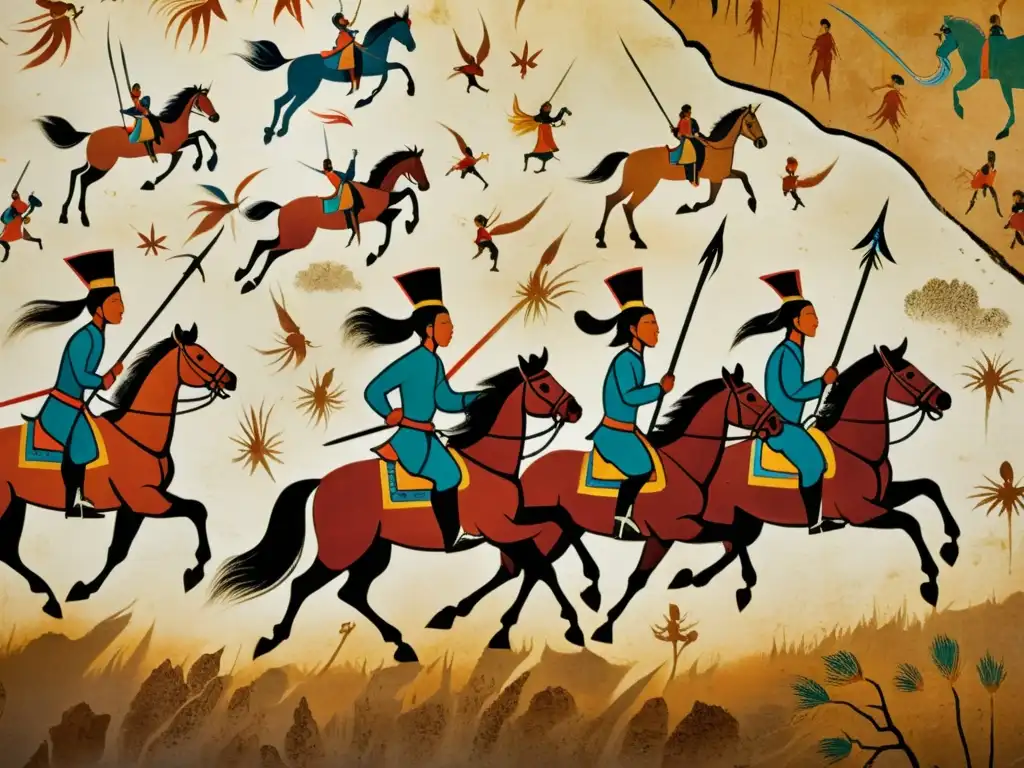 Fotografía de arte rupestre del Imperio Mongol: guerreros nómadas a caballo cazando, con detalles vibrantes y atmósfera evocativa en la estepa mongola