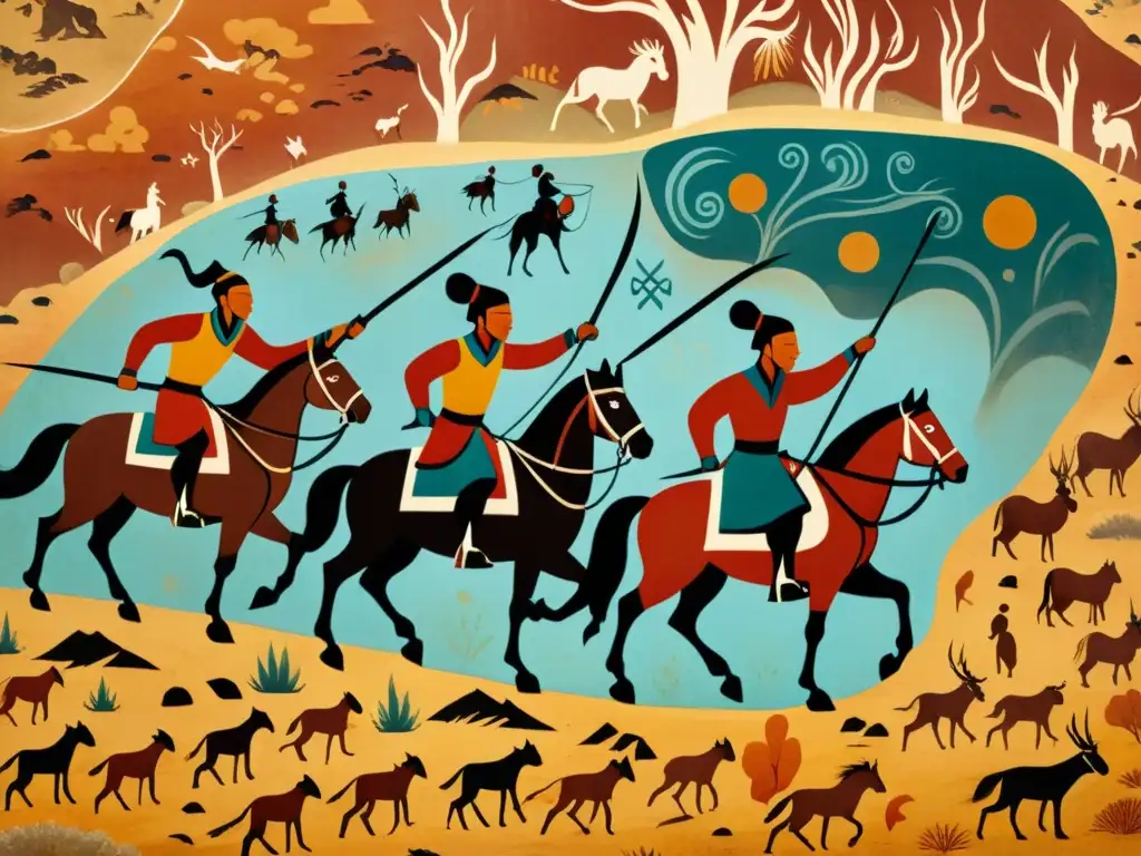 Arte rupestre del Imperio Mongol: detallada pintura en roca de caza y guerreros a caballo, con patrones geométricos en tonos tierra vibrantes