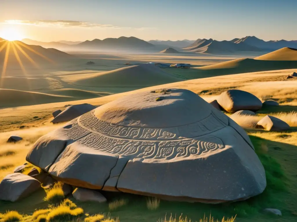 Arte rupestre en Mongolia: petroglifos preMongol en paisaje rocoso al atardecer, evocando historia y misterio