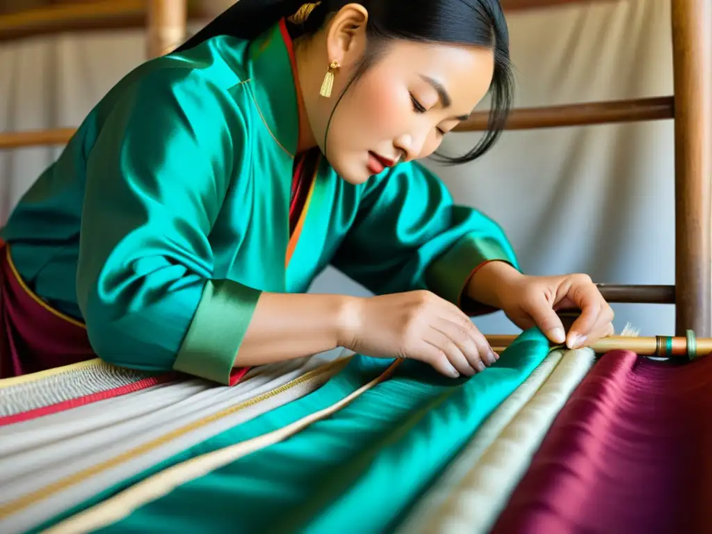 Arte de la Seda Mongola: Artesano tejiendo patrones en seda vibrante con técnicas tradicionales