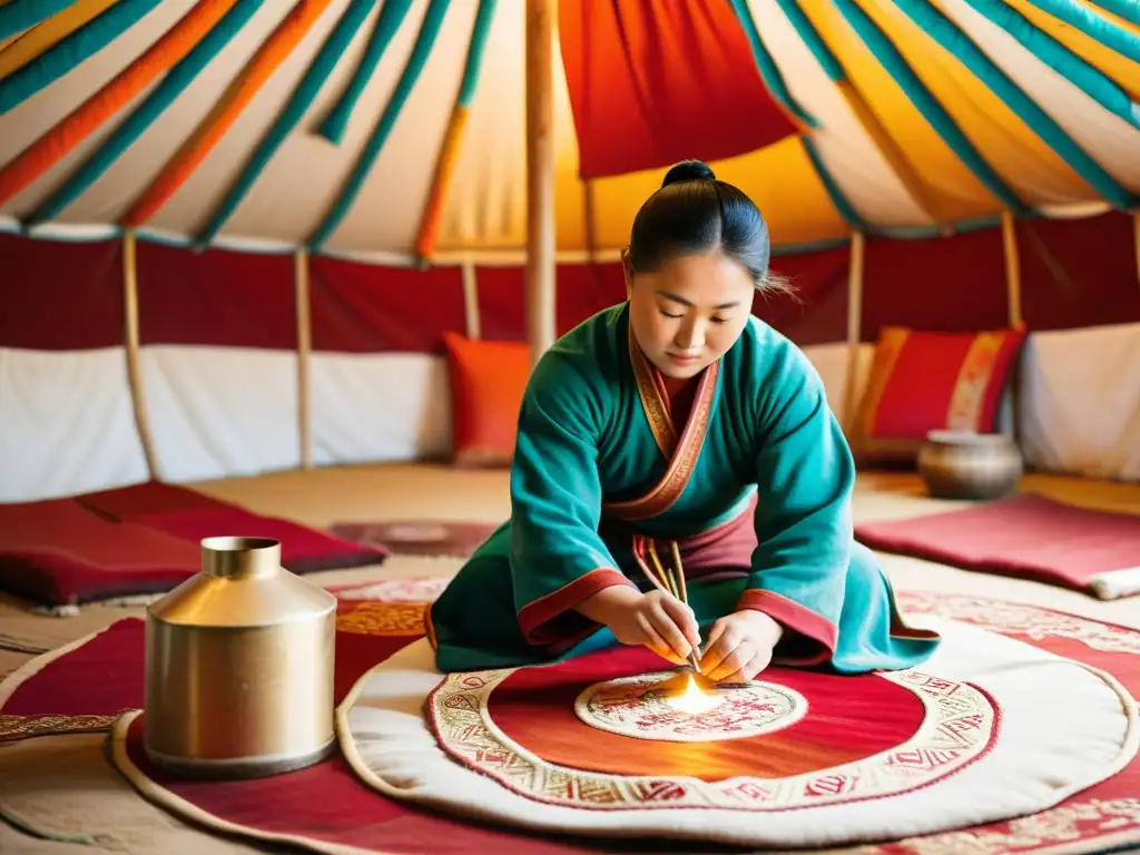 Artesana mongol bordando con técnica ancestral en yurta, transmisión técnicas artesanales Mongolia