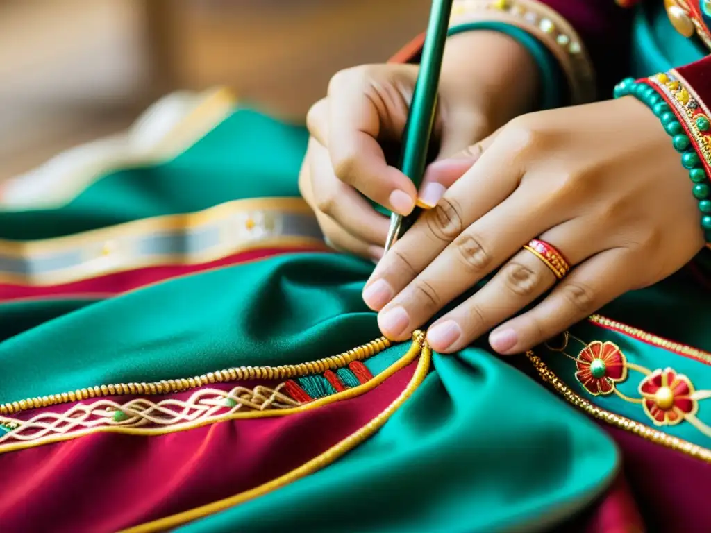 Artesana mongola bordando una lujosa vestimenta con simbolismo y materiales tradicionales