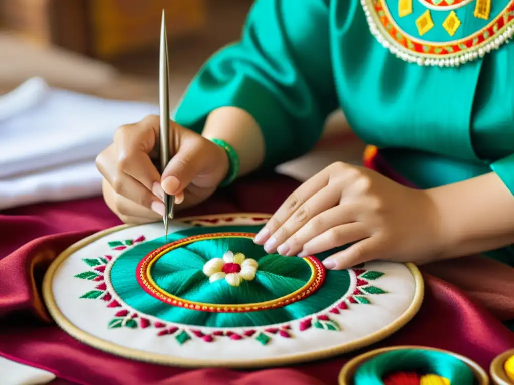 Una artesana mongola bordando patrones en una prenda tradicional con hilos vibrantes