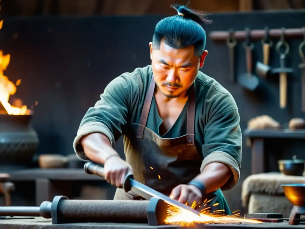Maestro forjador mongol en acción: creando una espada de metal detallada Artesanía detallada de un herrero mongol forjando una espada, mostrando avances tecnológicos en metalurgia del Imperio Mongol