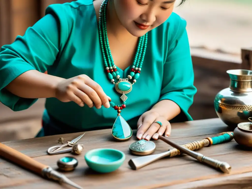 Artesano de joyería mongola crea collar de plata y turquesa, reflejando la historia y cultura del legado artesanal