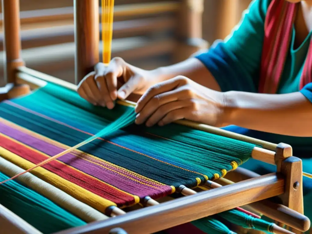 Un artesano hábil teje con cuidado hilos coloridos en un telar de madera, mostrando la rica herencia del tejido tradicional en la estepa