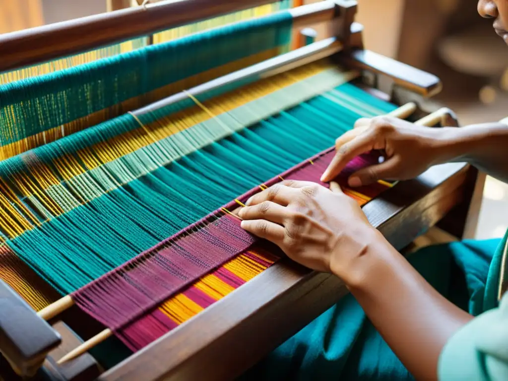 Un artesano hábil teje con destreza un colorido tejido tradicional en la estepa, iluminado por la suave luz natural