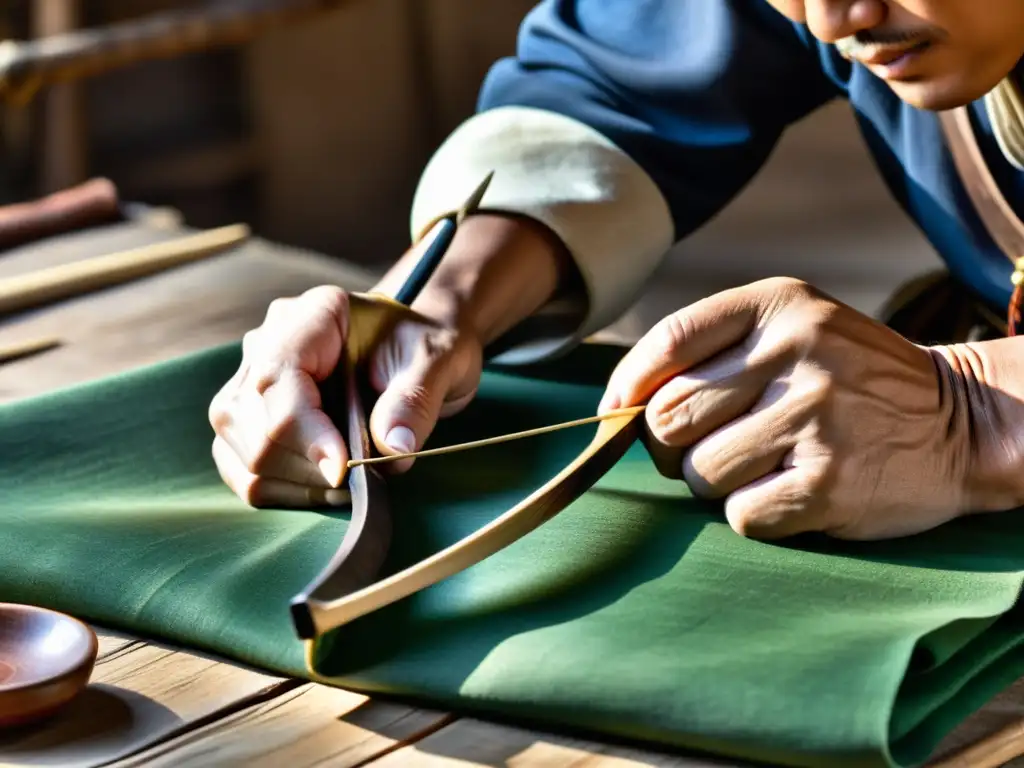 Un artesano experto da forma a un arco compuesto mongol con destreza, resaltando la historia y la construcción tradicional