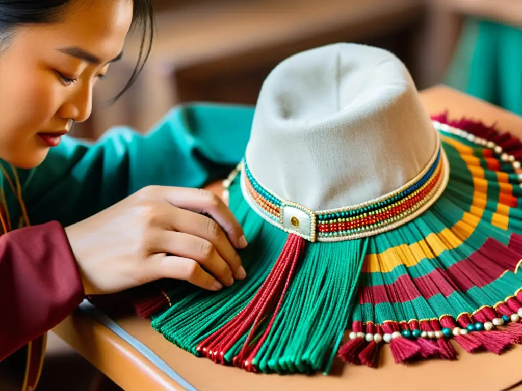 Artesano mongol bordando un tocado tradicional Un artesano habilidoso borda meticulosamente un tocado mongol de alta gama con hilos vibrantes, inmerso en la historia y la artesanía