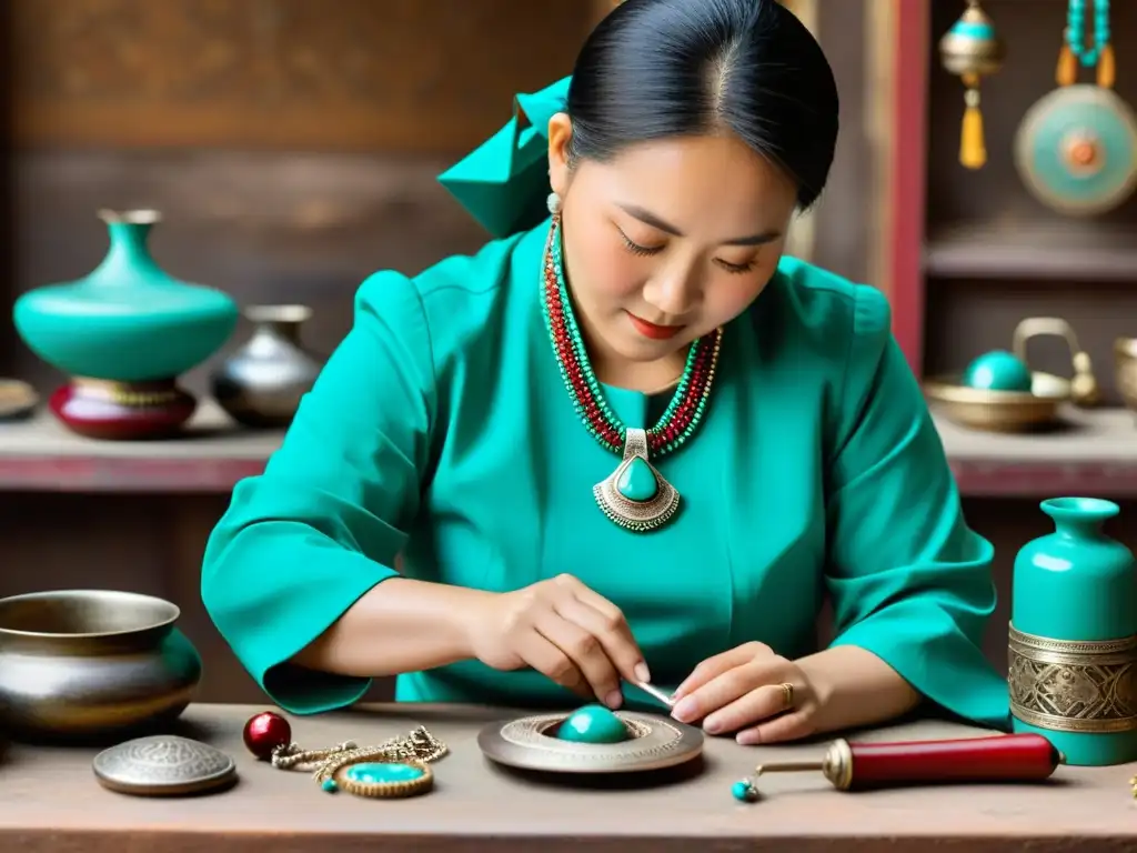 Un artesano de joyería mongola crea una hermosa collar de plata y turquesa en su taller, reflejando la artesanía y cultura de la joyería mongola diseño contemporáneo