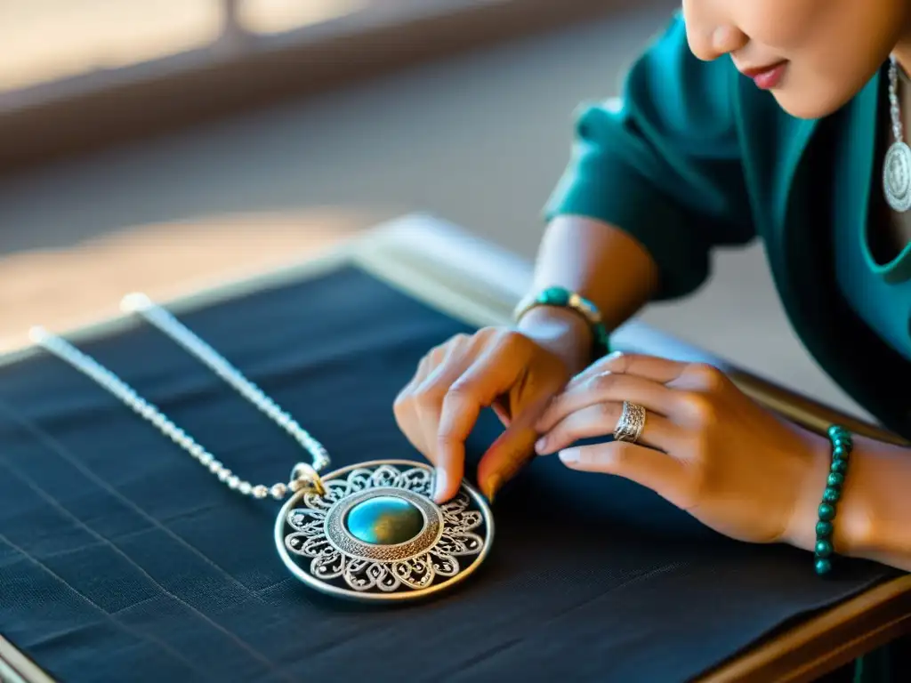 Un artesano mongol crea meticulosamente un collar de filigrana de plata, reflejando la rica orfebrería mongola y la belleza de la estepa