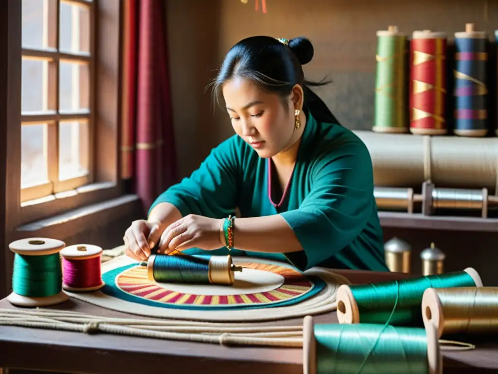 Un artesano mongol crea una colorida tapicería tradicional, rodeado de hilos vibrantes, con una cálida luz natural