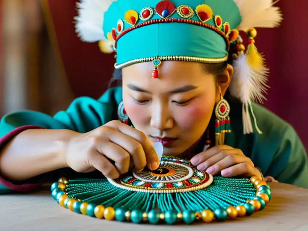 Un artesano mongol crea con destreza un intrincado tocado ceremonial, con plumas y bordados, destacando la artesanía en ceremonias mongolas