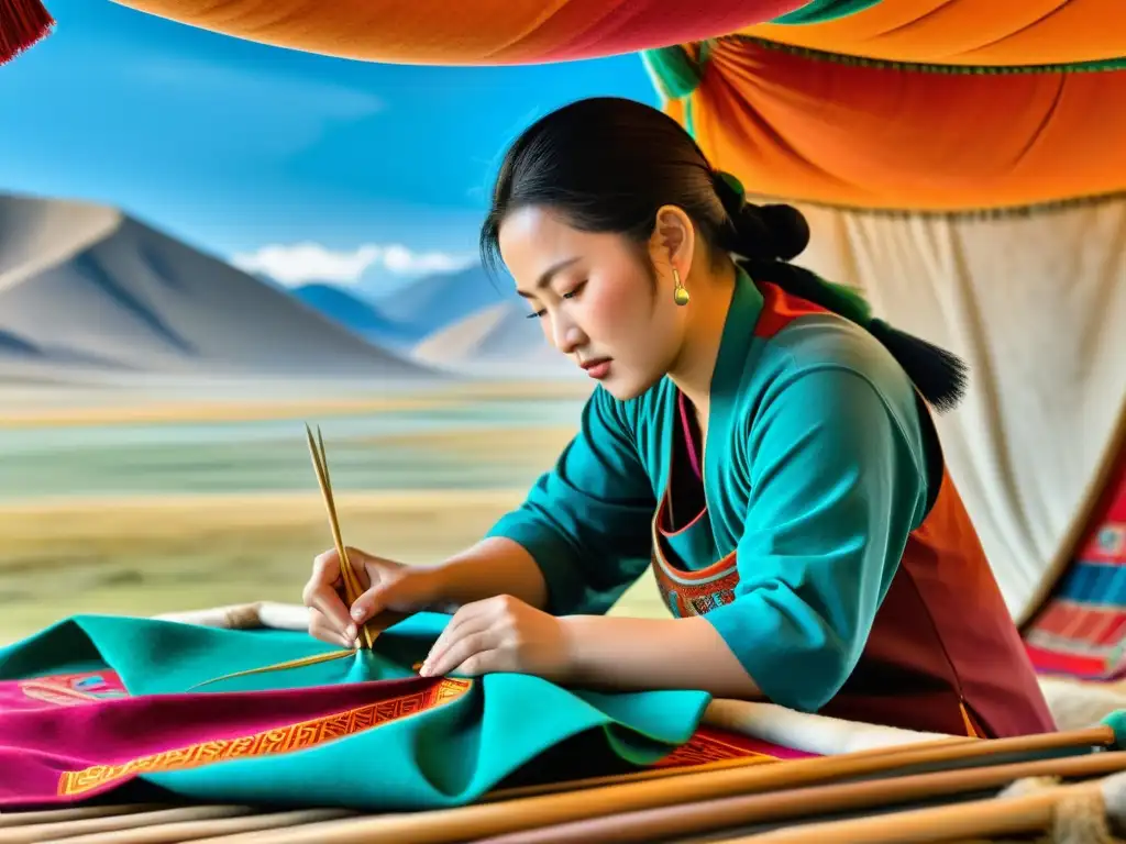 Un artesano mongol teje con destreza un textil tradicional, capturando la rica tradición artesanal y cultural de Mongolia