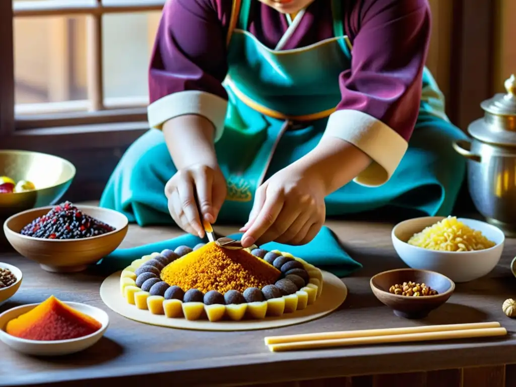 Artesano mongol elaborando dulces tradicionales a mano en una cocina rústica, reflejando la rica dieta mongola