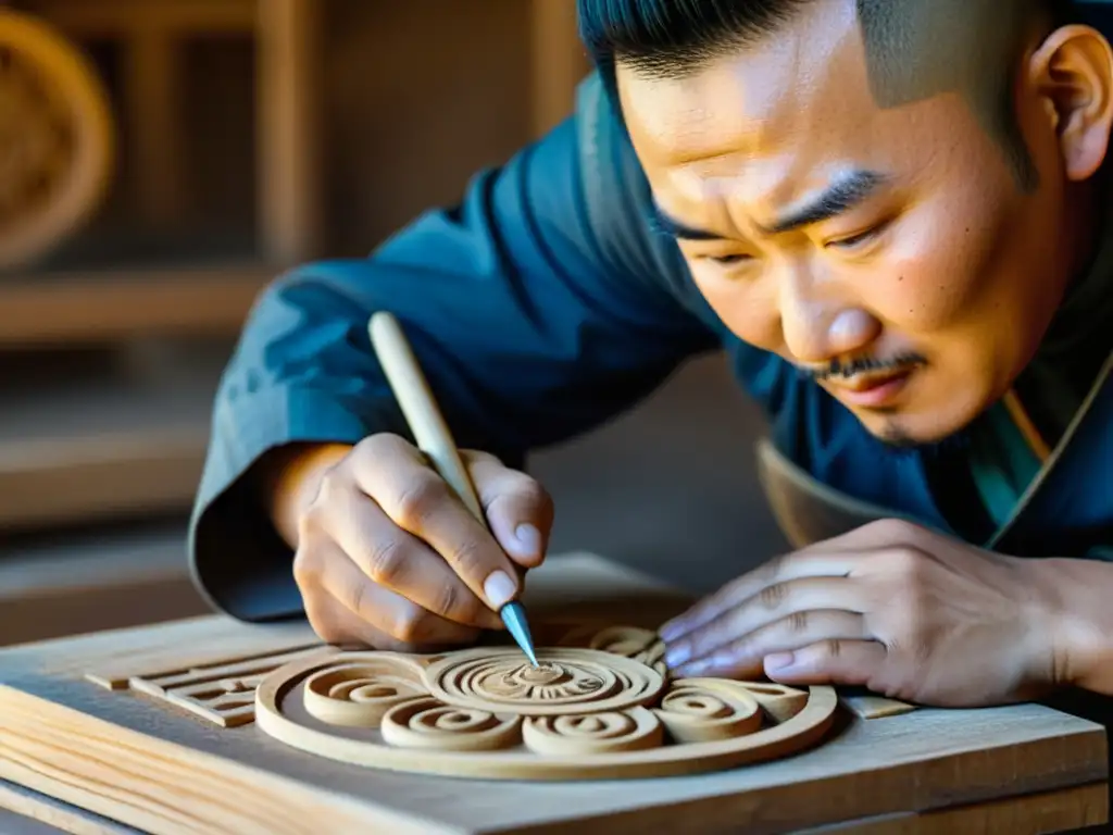 Artesano mongol tallando una escultura en madera con motivos tradicionales, mostrando habilidad y concentración