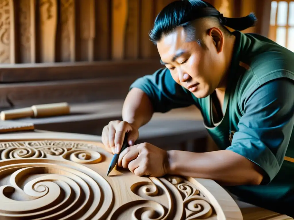 Artesano mongol tallando esculturas en madera con herramientas tradicionales en su taller iluminado por luz natural