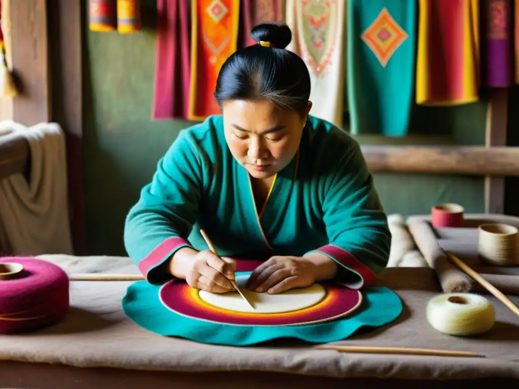 Un artesano mongol moldea con habilidad una obra de arte en fieltro, rodeado de colores vibrantes y herramientas artesanales