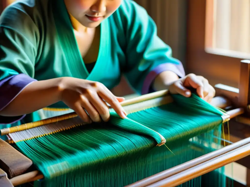 Un artesano mongol teje con maestría hilos de seda en un telar tradicional, creando una hermosa obra de arte de la seda mongola