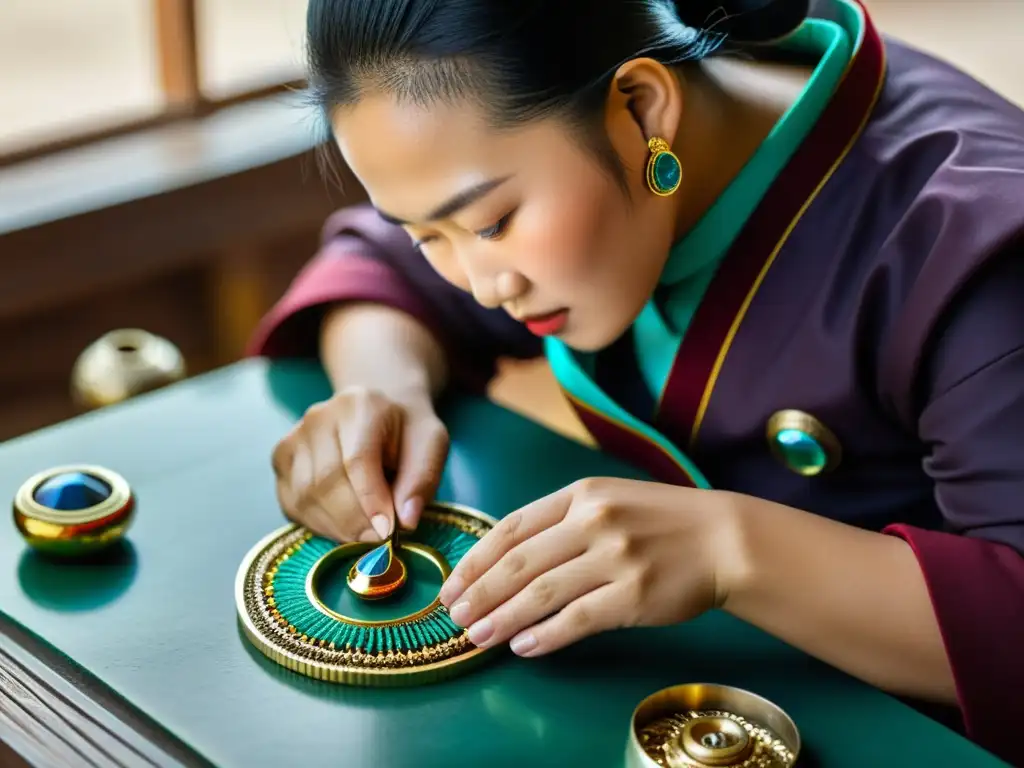 Artesano mongol creando joyería de alta gama con precisión y dedicación en taller tradicional