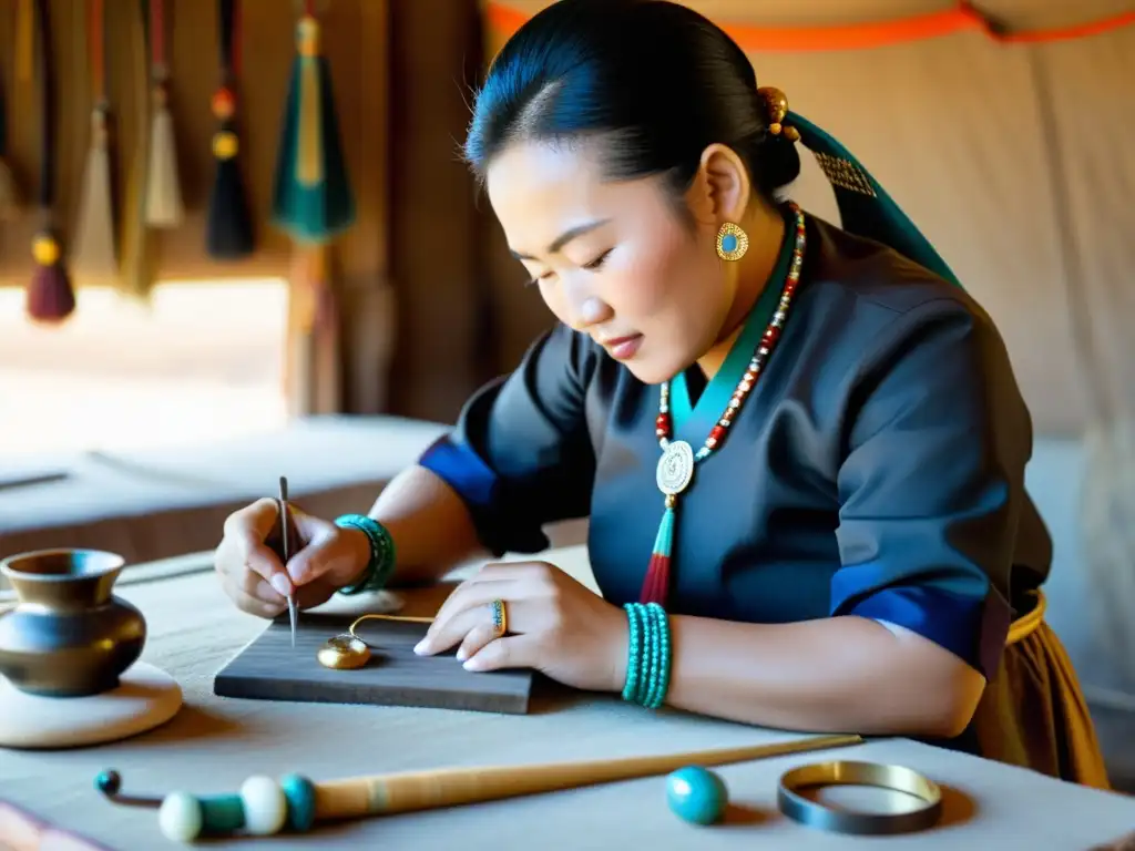 Un artesano mongol crea joyería tradicional con materiales inusuales como cabello de caballo, hueso de camello y piedras preciosas, inmerso en su labor