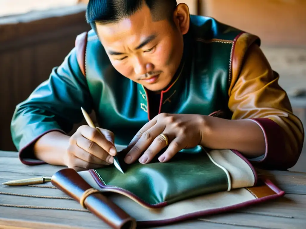 Un artesano mongol cosiendo a mano patrones intrincados en cuero, con la estepa mongola de fondo