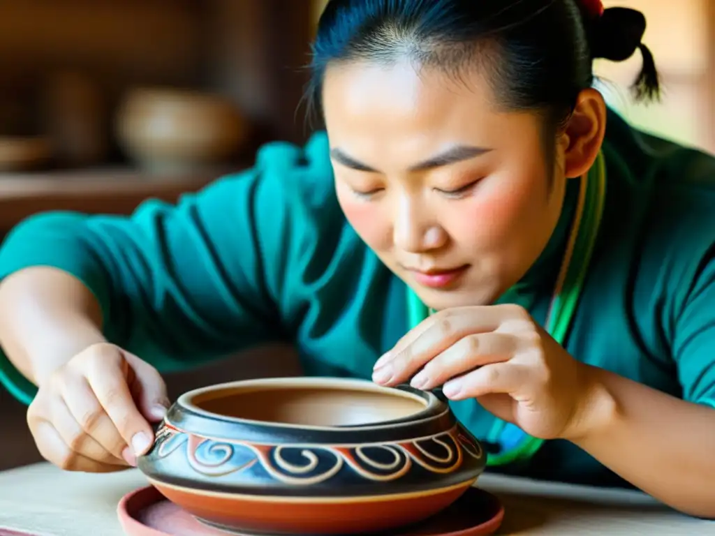 Un artesano mongol elabora con meticulosidad un patrón en cerámica tradicional, destacando la rica herencia cultural y la artesanía