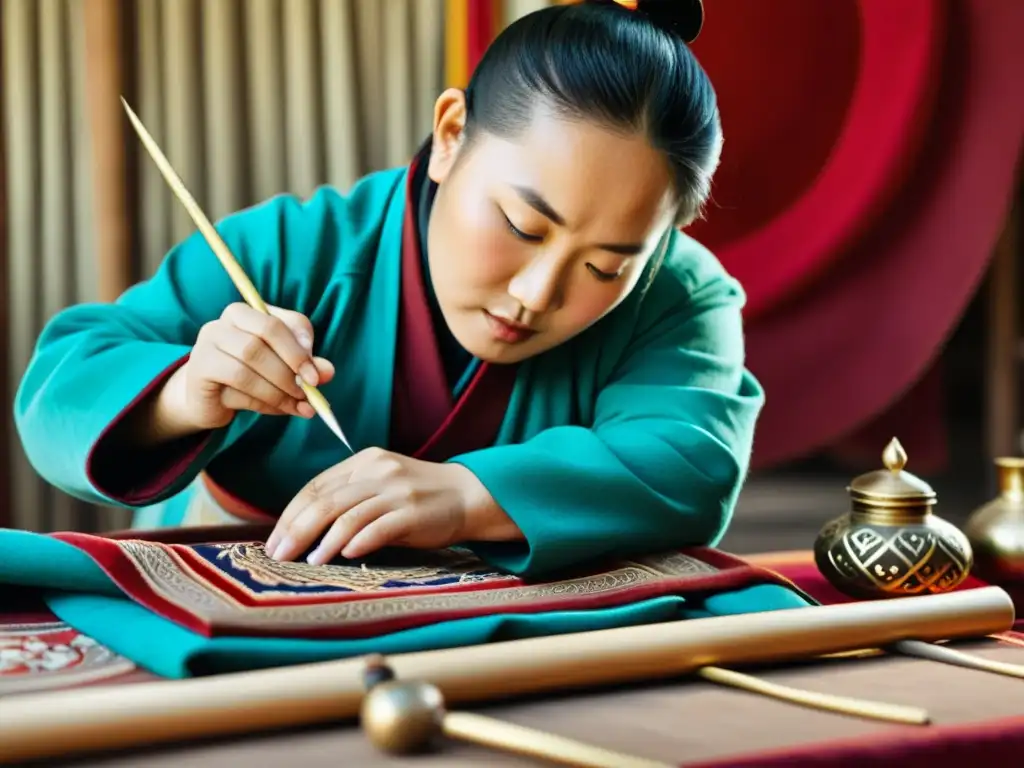 Un artesano mongol tradicionalmente elaborando una obra de arte, rodeado de colores y materiales vibrantes, mostrando la rica tradición cultural