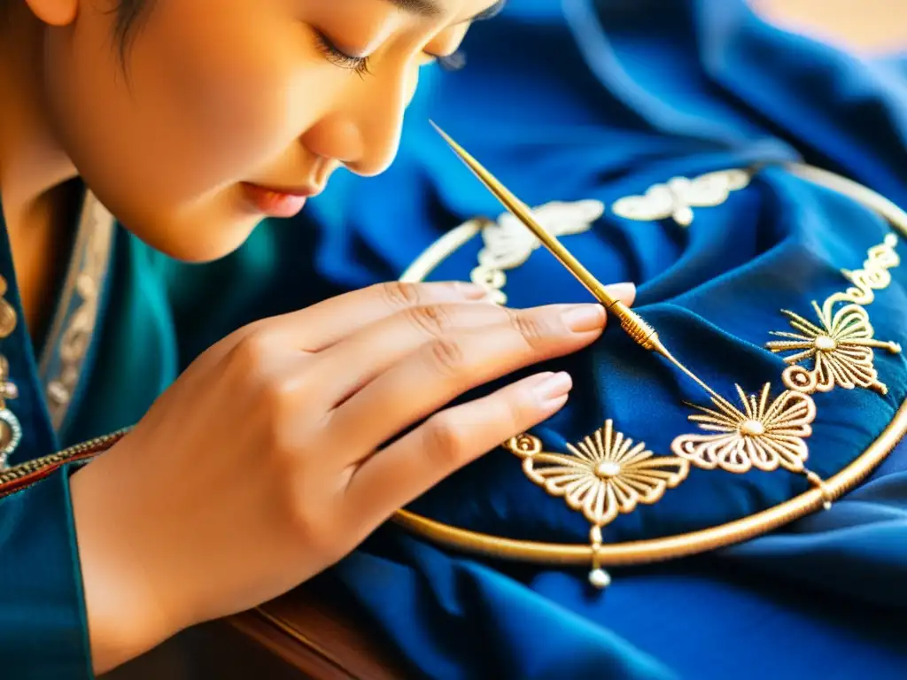 Un artesano mongol borda delicadamente patrones tradicionales en tela azul, representando lujo contemporáneo y herencia cultural