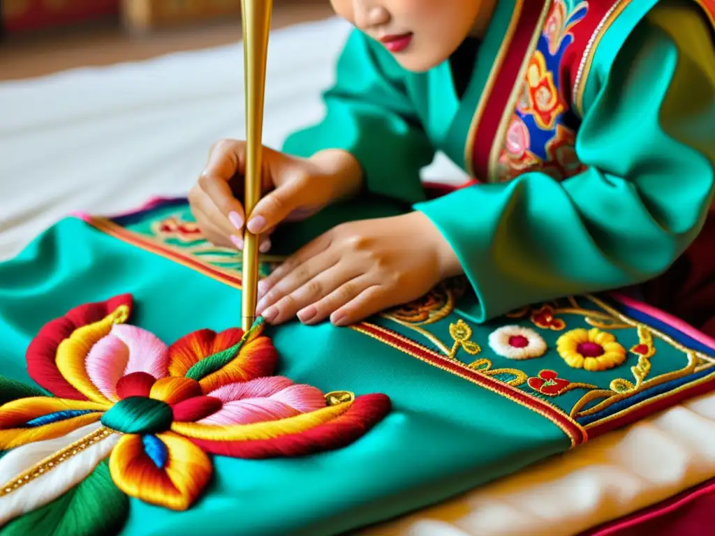 Un artesano mongol bordando patrones tradicionales en alta costura con hilos vibrantes sobre lujosa tela, destacando su meticulosa destreza artesanal