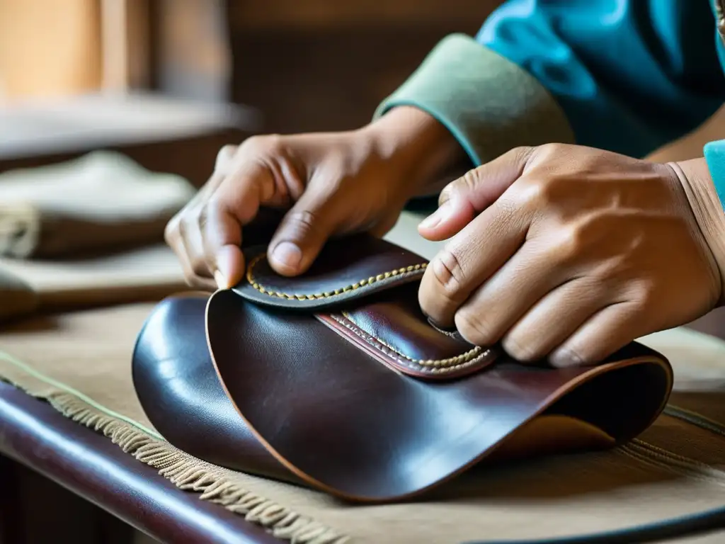 Un artesano mongol crea con maestría una silla de cuero, mostrando la artesanía tradicional y la destreza en cuero y piel mongola