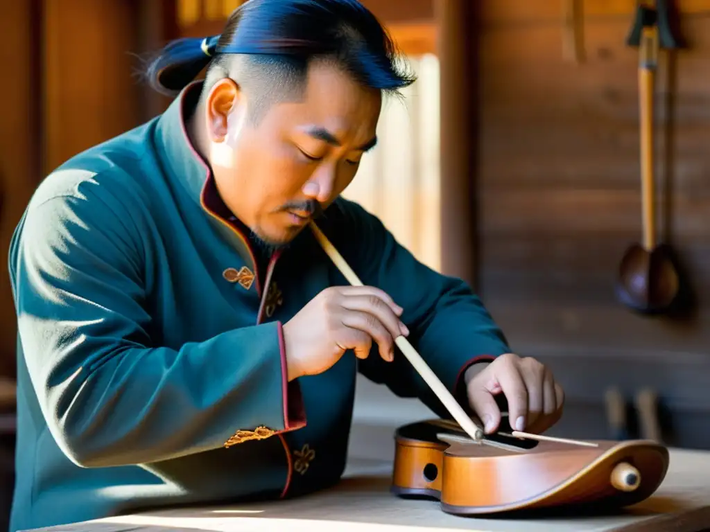 Un artesano mongol talla con destreza diseños en un Morin khuur, iluminado por la cálida luz del taller