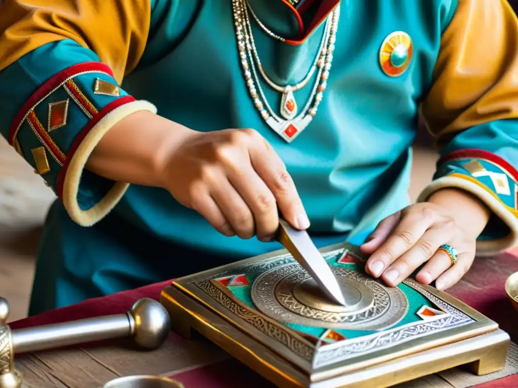 Artesano mongol martillea plata con técnicas ancestrales, rodeado de herramientas tradicionales y ataviado en trajes coloridos y ornamentados