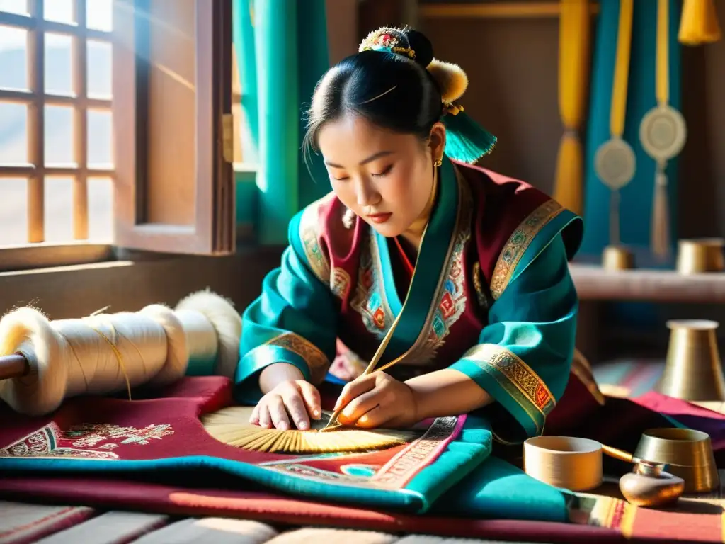 Un artesano mongol crea vestimentas tradicionales con detalle y destreza, rodeado de colores vibrantes y herramientas de costura