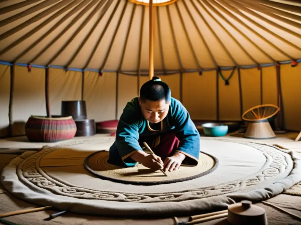 Artesano mongol fabricando yurt con técnicas ancestrales, resaltando detalles y expresión concentrada