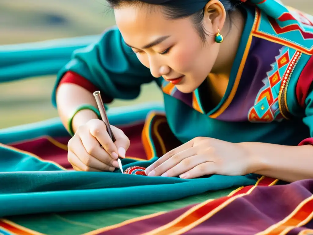 Un artesano nómada mongol teje motivos tradicionales con hilos vibrantes en una colorida tela, con la vasta estepa de fondo