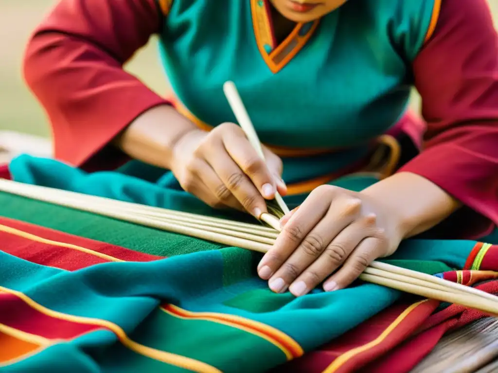 Un artesano nómada mongol teje patrones tradicionales en una tela vibrante, conectando con la herencia cultural de Mongolia