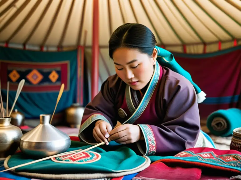 Un artesano nómada en Mongolia confeccionando vestimenta tradicional rodeado de textiles vibrantes y herramientas de trabajo